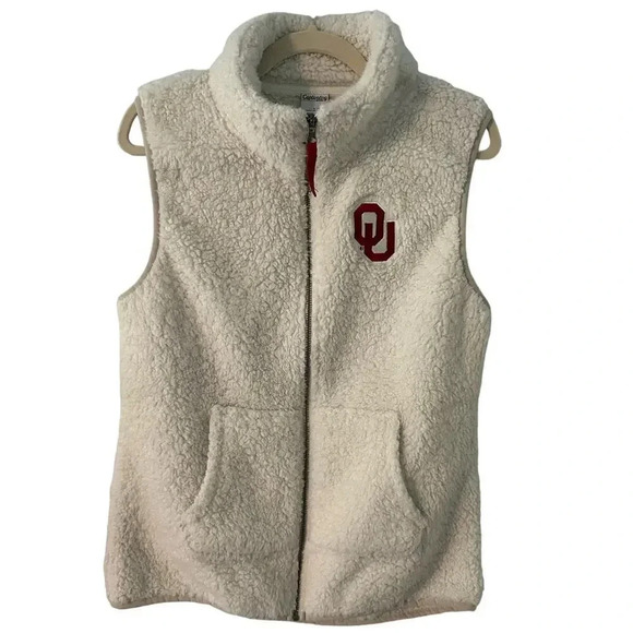 Captivating OU Sherpa Vest Size Large Cream Sooners Football Fall Warm Fuzzy - Picture 1 of 6